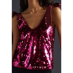 Maeve By Anthropologie Sequined Tie-Strap V-Neck Tank Top Medium Burgundy